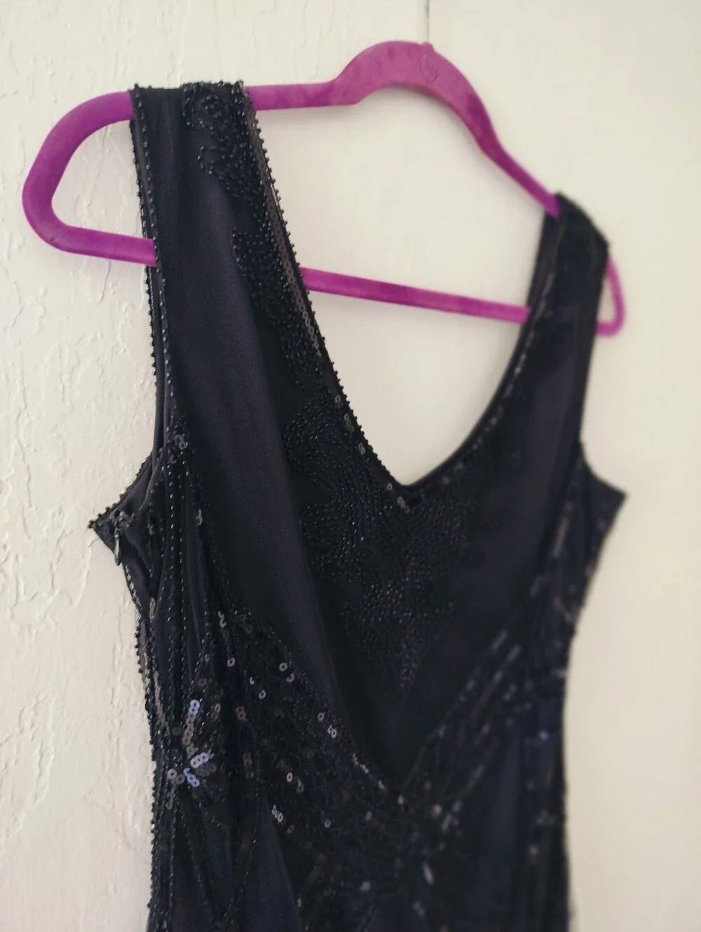 Black Sequined Fringe Art Deco Beaded Evening Cocktail Gown Flapper XL